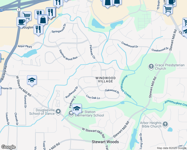 map of restaurants, bars, coffee shops, grocery stores, and more near 6700 Knollwood Circle in Douglasville