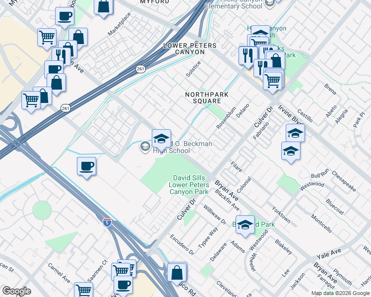 map of restaurants, bars, coffee shops, grocery stores, and more near 14 Taquitz in Irvine