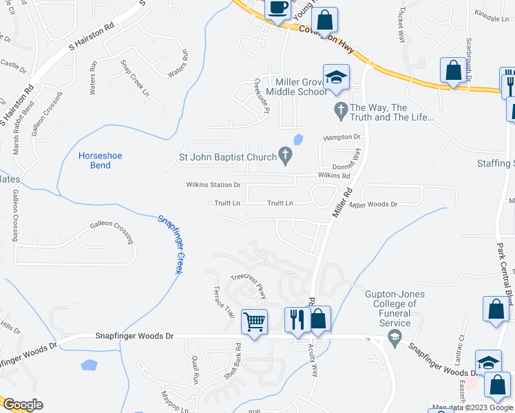 map of restaurants, bars, coffee shops, grocery stores, and more near 4915 Truitt Lane in Decatur