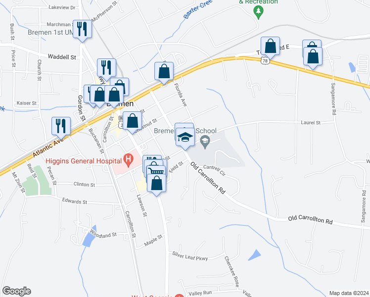 map of restaurants, bars, coffee shops, grocery stores, and more near 504 Laurel Street in Bremen