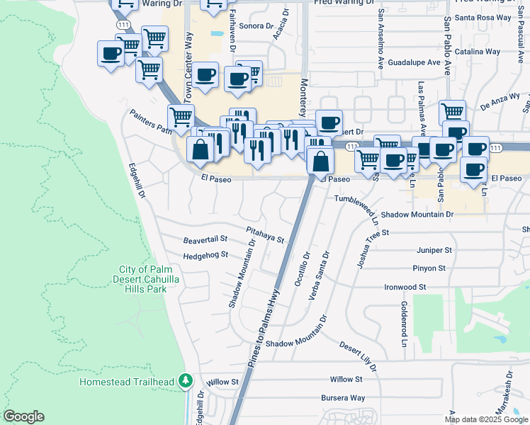 map of restaurants, bars, coffee shops, grocery stores, and more near 423 Sandpiper Street in Palm Desert