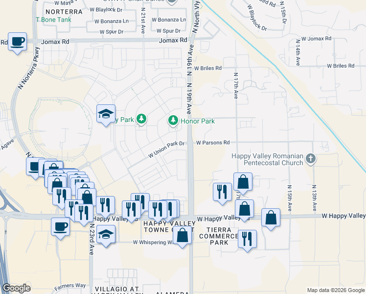 map of restaurants, bars, coffee shops, grocery stores, and more near 1920 West Union Park Drive in Phoenix
