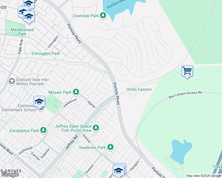 map of restaurants, bars, coffee shops, grocery stores, and more near 100 Lovelace in Irvine