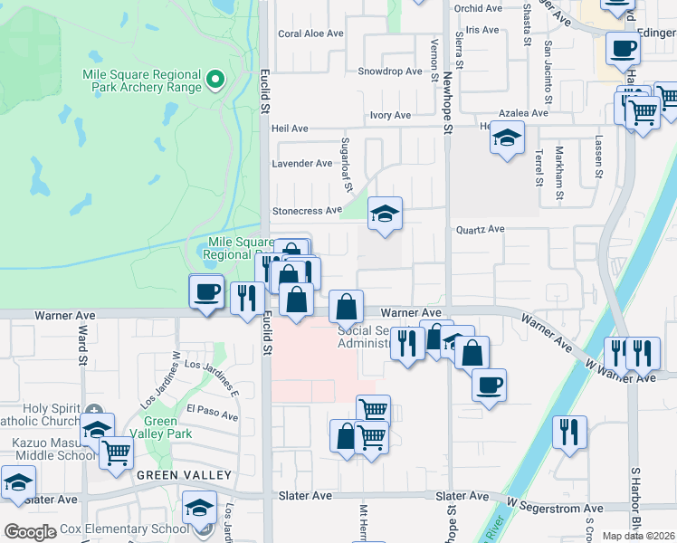 map of restaurants, bars, coffee shops, grocery stores, and more near 16856 Mount Fletcher Circle in Fountain Valley