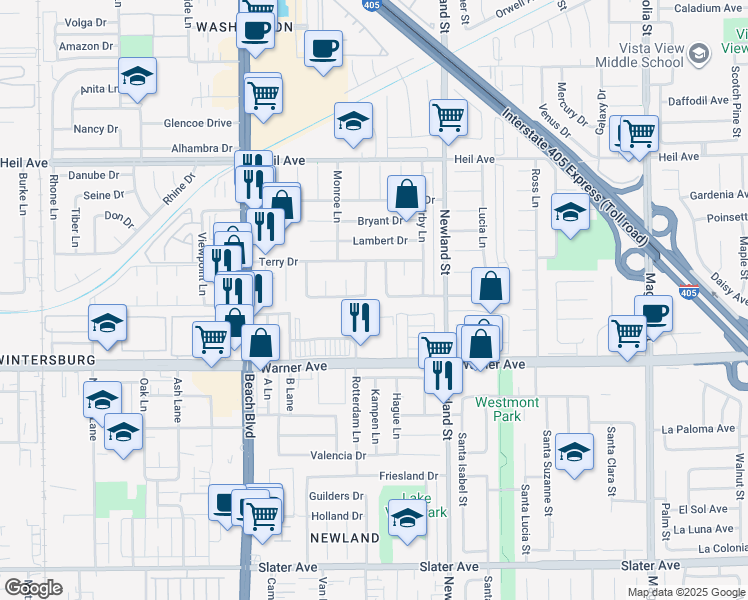 map of restaurants, bars, coffee shops, grocery stores, and more near 16792 Montclair Lane in Huntington Beach