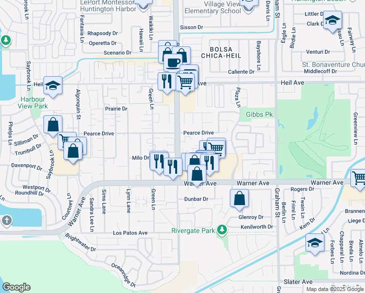 map of restaurants, bars, coffee shops, grocery stores, and more near 16761 Moody Circle in Huntington Beach