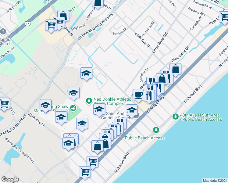 map of restaurants, bars, coffee shops, grocery stores, and more near 616D 37th Avenue North in Myrtle Beach