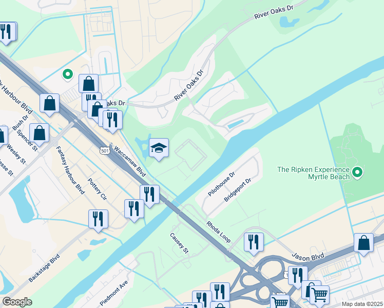 map of restaurants, bars, coffee shops, grocery stores, and more near 910 Marshfield Circle in Myrtle Beach