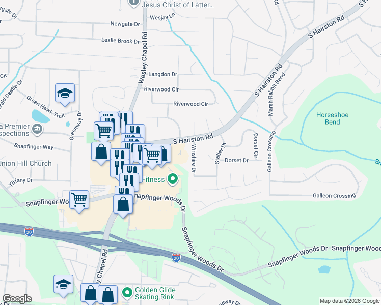 map of restaurants, bars, coffee shops, grocery stores, and more near 2373 Winshire Drive in Decatur