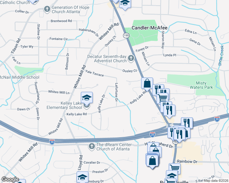 map of restaurants, bars, coffee shops, grocery stores, and more near 2388 Kelly Lake Drive in Decatur