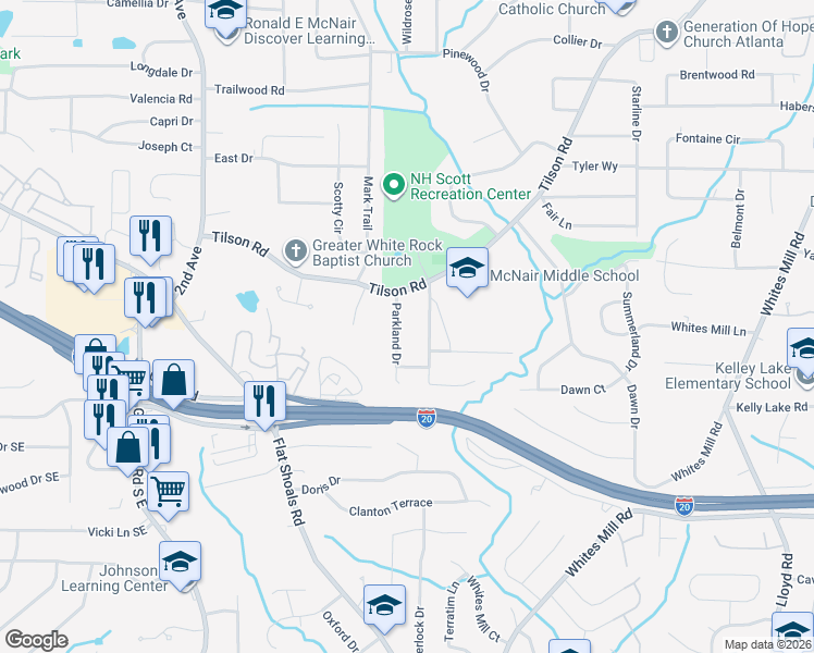 map of restaurants, bars, coffee shops, grocery stores, and more near 2416 Parkland Drive in Decatur
