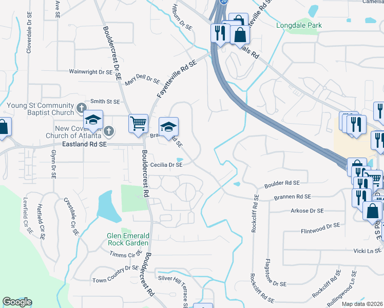 map of restaurants, bars, coffee shops, grocery stores, and more near 1906 Brannen Road Southeast in Atlanta
