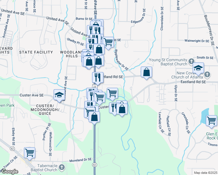 map of restaurants, bars, coffee shops, grocery stores, and more near 1224 Lynwyn Lane Southeast in Atlanta