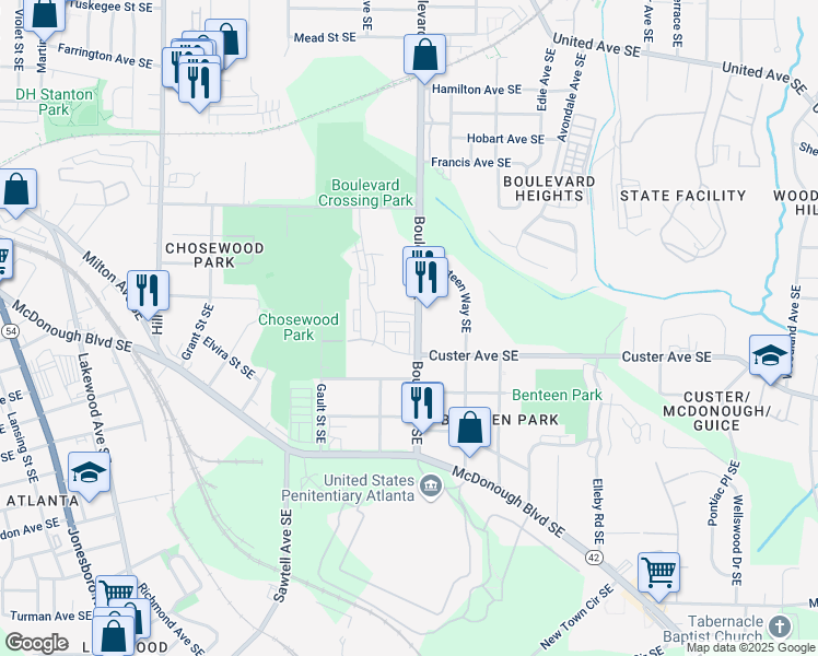 map of restaurants, bars, coffee shops, grocery stores, and more near 580 Burroughs Street Southeast in Atlanta