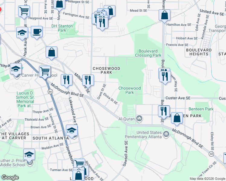 map of restaurants, bars, coffee shops, grocery stores, and more near 1327 Miller Reed Avenue Southeast in Atlanta