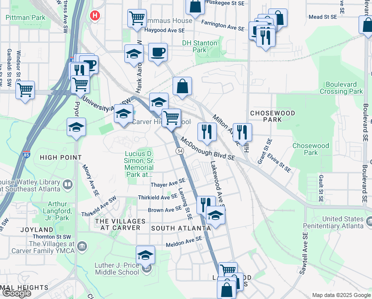 map of restaurants, bars, coffee shops, grocery stores, and more near 125 Martin Avenue Southeast in Atlanta