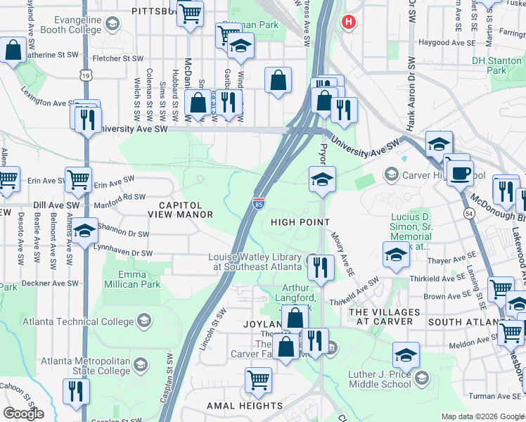 map of restaurants, bars, coffee shops, grocery stores, and more near 166 Bowen Circle Southwest in Atlanta