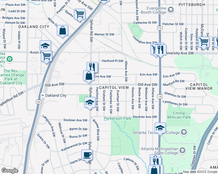 map of restaurants, bars, coffee shops, grocery stores, and more near 836 Dill Avenue Southwest in Atlanta