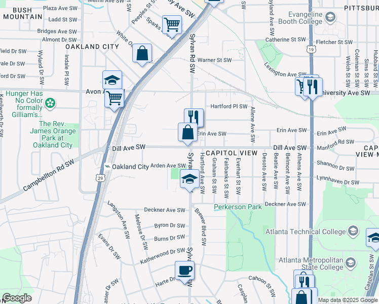 map of restaurants, bars, coffee shops, grocery stores, and more near in Atlanta