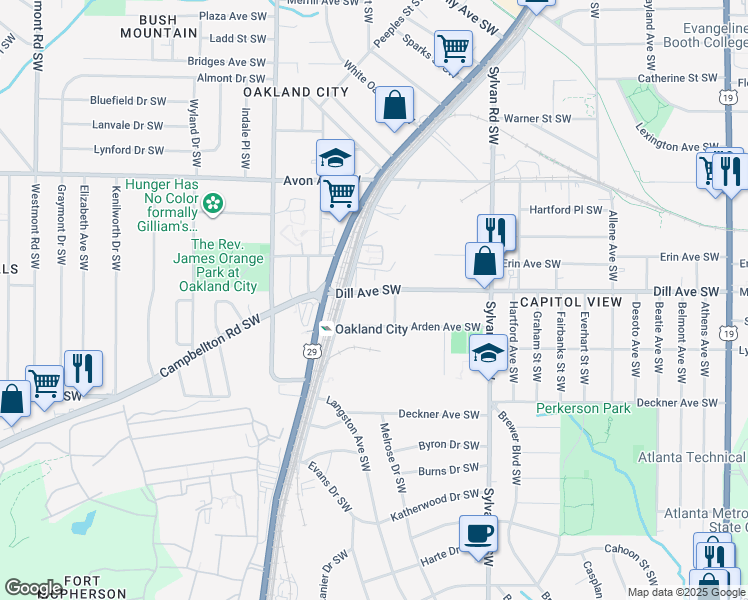 map of restaurants, bars, coffee shops, grocery stores, and more near 1058 Dill Avenue Southwest in Atlanta
