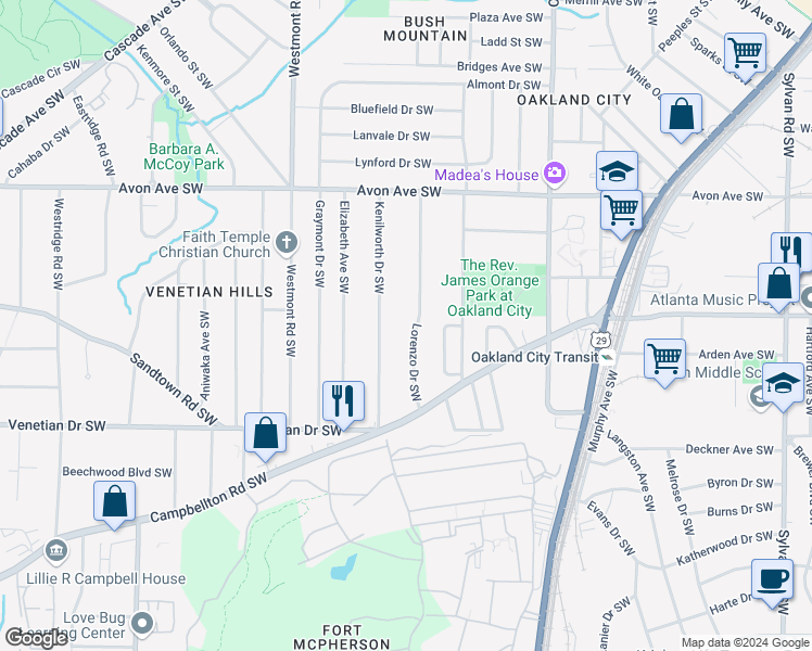map of restaurants, bars, coffee shops, grocery stores, and more near 1340 Kenilworth Drive Southwest in Atlanta