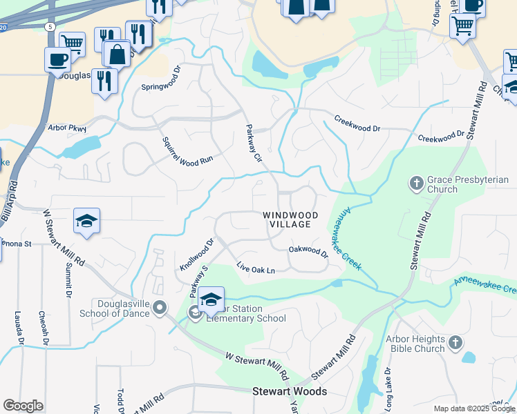 map of restaurants, bars, coffee shops, grocery stores, and more near 6700 Knollwood Circle in Douglasville