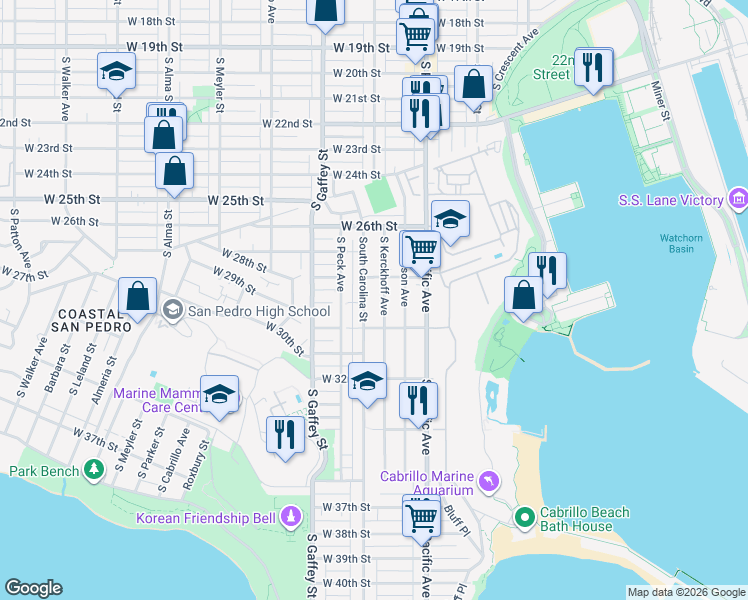 map of restaurants, bars, coffee shops, grocery stores, and more near 2840 South Carolina Street in Los Angeles