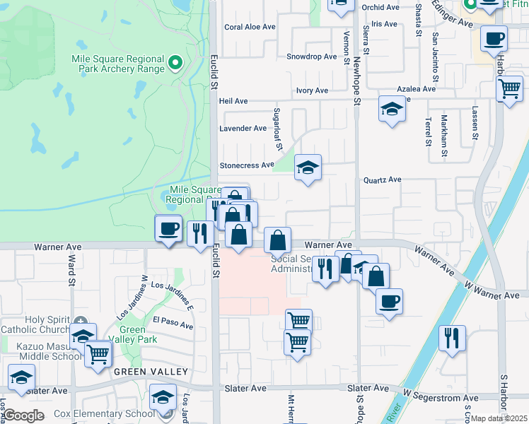 map of restaurants, bars, coffee shops, grocery stores, and more near 11147 McGee River Circle in Fountain Valley