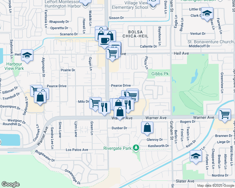 map of restaurants, bars, coffee shops, grocery stores, and more near 16771 Roosevelt Lane in Huntington Beach