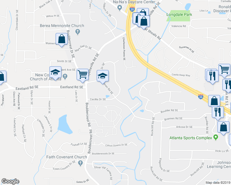 map of restaurants, bars, coffee shops, grocery stores, and more near 1906 Brannen Road Southeast in Atlanta