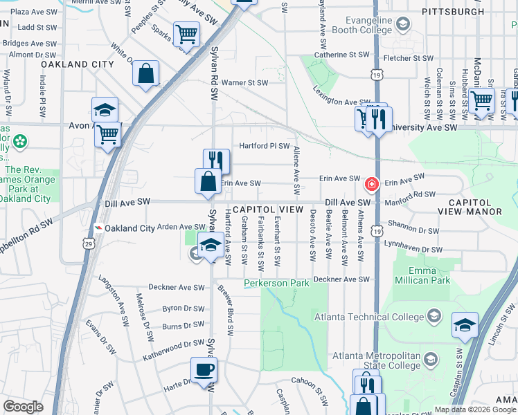 map of restaurants, bars, coffee shops, grocery stores, and more near 837 Dill Avenue Southwest in Atlanta