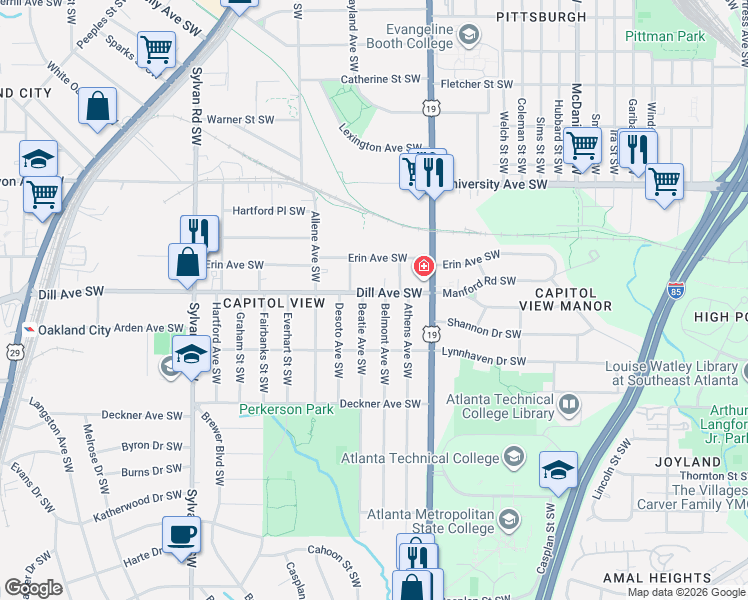 map of restaurants, bars, coffee shops, grocery stores, and more near 692 Dill Avenue Southwest in Atlanta