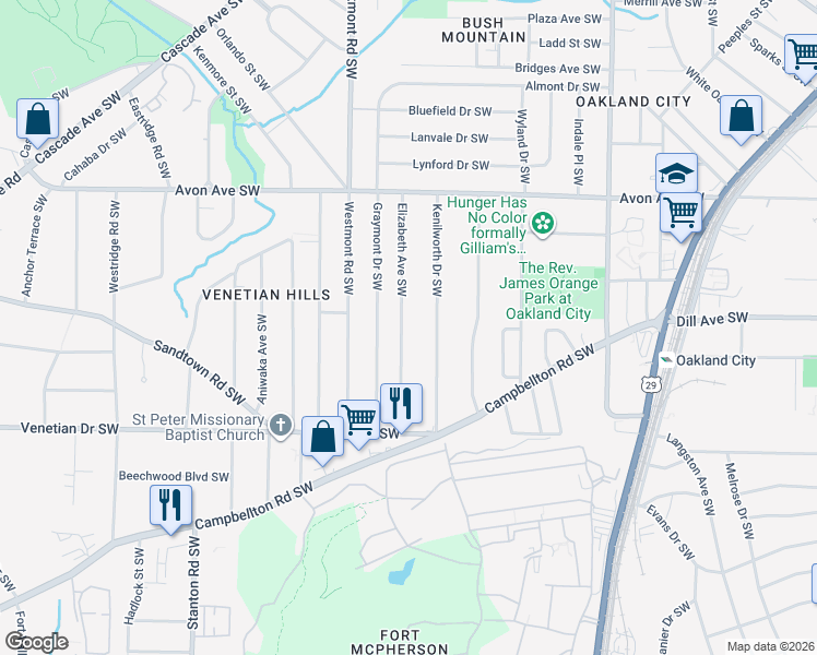 map of restaurants, bars, coffee shops, grocery stores, and more near 1338 Elizabeth Avenue Southwest in Atlanta