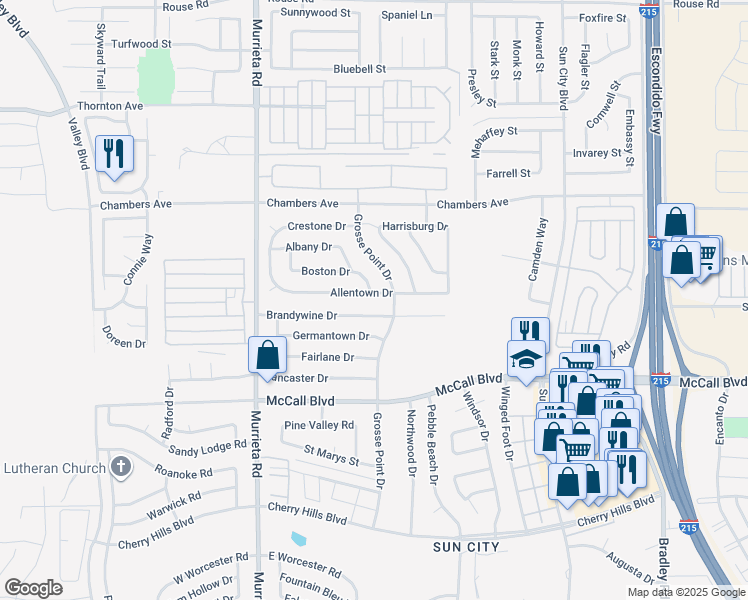 map of restaurants, bars, coffee shops, grocery stores, and more near 26309 Allentown Drive in Menifee