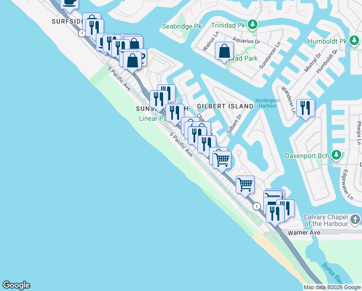 map of restaurants, bars, coffee shops, grocery stores, and more near 16779 South Pacific Avenue in Huntington Beach