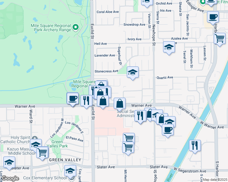 map of restaurants, bars, coffee shops, grocery stores, and more near 11147 McGee River Circle in Fountain Valley