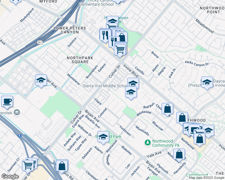 map of restaurants, bars, coffee shops, grocery stores, and more near 41 Fabriano in Irvine