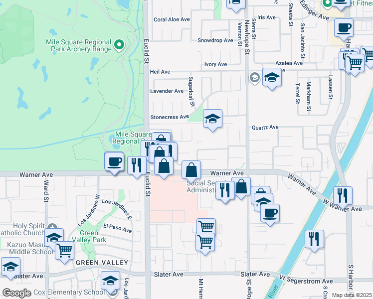 map of restaurants, bars, coffee shops, grocery stores, and more near 11167 McGee River Circle in Fountain Valley