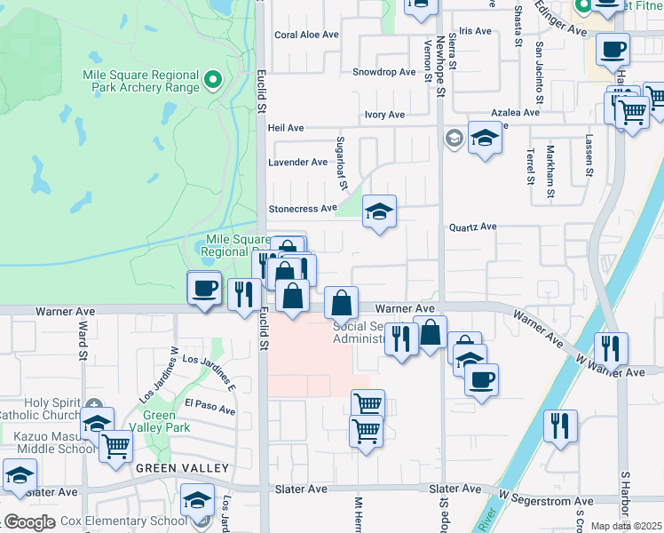 map of restaurants, bars, coffee shops, grocery stores, and more near 11167 McGee River Circle in Fountain Valley
