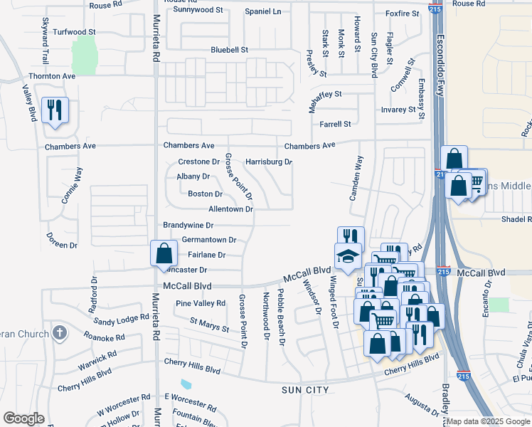 map of restaurants, bars, coffee shops, grocery stores, and more near 26379 Allentown Drive in Menifee