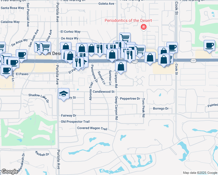 map of restaurants, bars, coffee shops, grocery stores, and more near 45451 Deep Canyon Road in Palm Desert