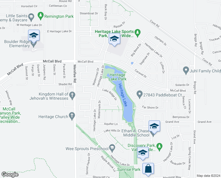 map of restaurants, bars, coffee shops, grocery stores, and more near 27742 Balboa Court in Menifee