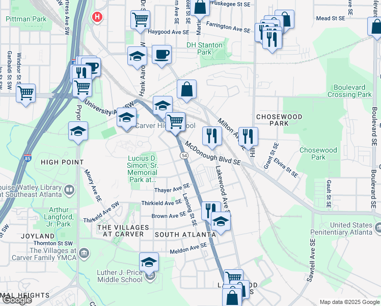 map of restaurants, bars, coffee shops, grocery stores, and more near 125 Martin Avenue Southeast in Atlanta