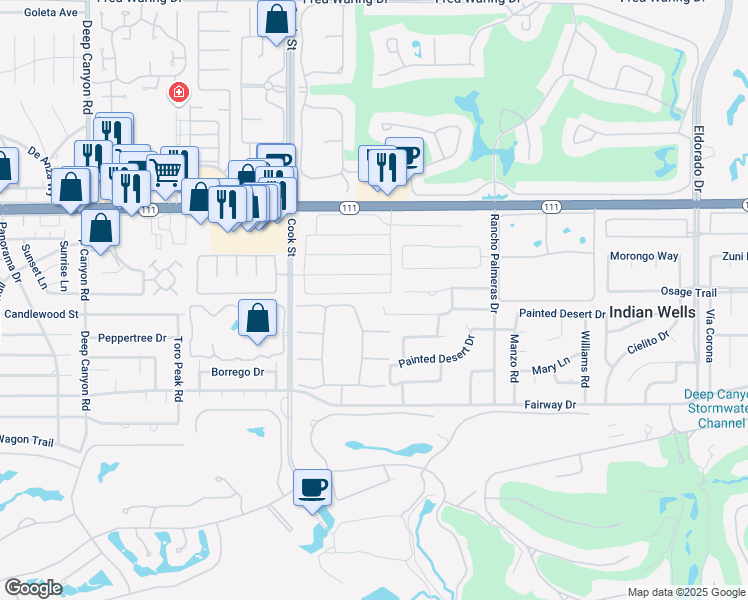 map of restaurants, bars, coffee shops, grocery stores, and more near 75201 Citadel Place in Indian Wells