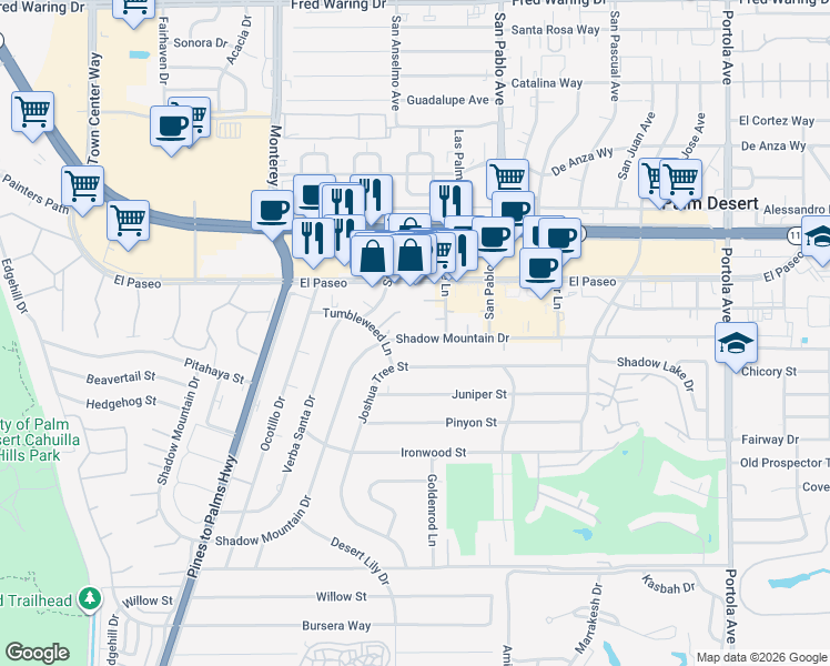 map of restaurants, bars, coffee shops, grocery stores, and more near 73322 Shadow Mountain Drive in Palm Desert