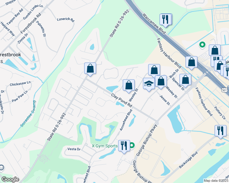 map of restaurants, bars, coffee shops, grocery stores, and more near 110 Fountain Pointe Lane in Myrtle Beach