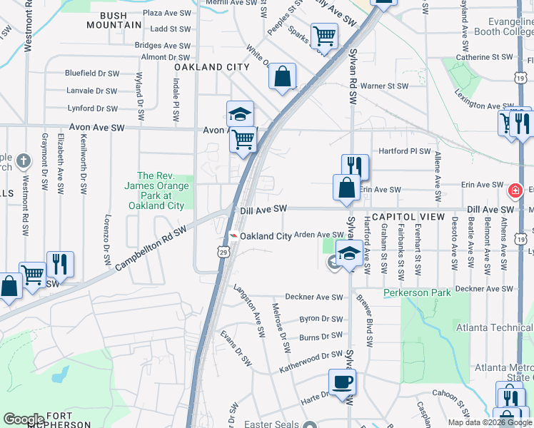 map of restaurants, bars, coffee shops, grocery stores, and more near 1070 Dill Avenue Southwest in Atlanta