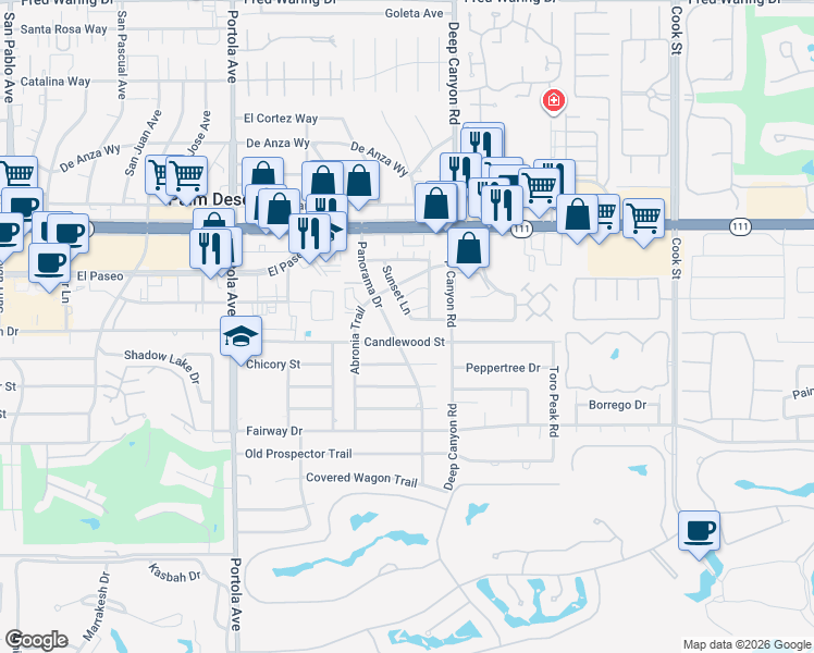 map of restaurants, bars, coffee shops, grocery stores, and more near 45451 Sunset Lane in Palm Desert