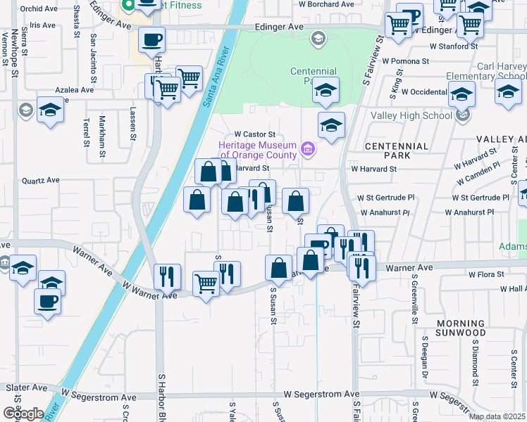 map of restaurants, bars, coffee shops, grocery stores, and more near 2020 South Susan Street in Santa Ana