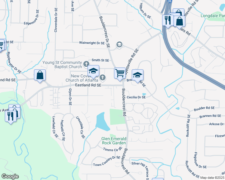 map of restaurants, bars, coffee shops, grocery stores, and more near 2406 Lakeshore Lane in Atlanta